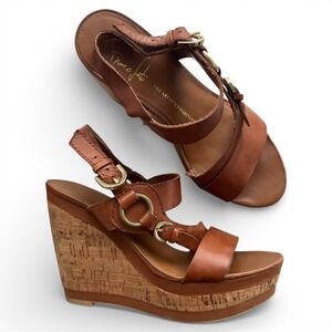 Franco Sarto Women 7.5M A-SACHET Cognac Leather Cork Wedge Platform Sandals Boho